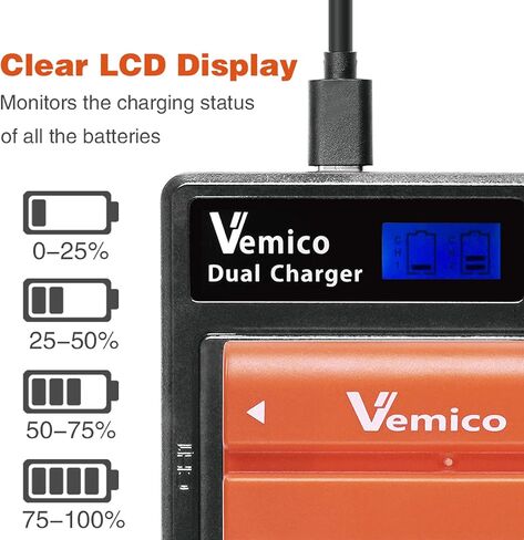 طقم شاحن بطارية NP-F970 مطور من Vemico بطاريات بديلة 2 × 8500 مللي أمبير في الساعة مع شاحن LCD من النوع C لسوني NP F970/F960/F530/F550/F570/F730/F750/F770/F930/F950/HDR-FX1/TR516/TR716 in Kuwait