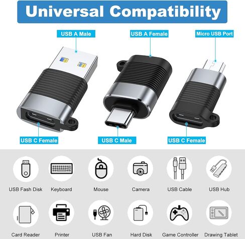 محول AreMe USB C (6 حزم)، Micro USB ذكر إلى USB C أنثى، USB 3.0 ذكر إلى USB C أنثى، USB Type-C ذكر إلى USB 3.0 أنثى موصل محول (أسود) in Kuwait
