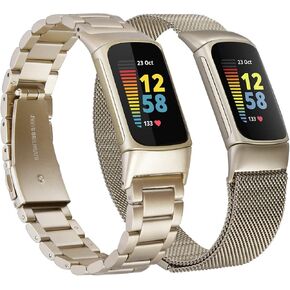 KOREDA متوافق مع مجموعات Fitbit Charge 5 Bands، 2 حزام معدني من الفولاذ المقاوم للصدأ + سوار معصم مغناطيسي شبكي منسوج بديل لـ Fitbit Charge 5 متتبع اللياقة والصحة المتقدم (جرافيت/أسود)