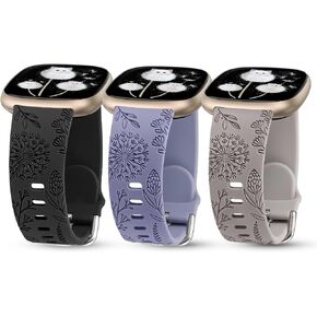 Minyee 3 Packs Floral Engraved Band Compatible with Fitbit Versa 4/Versa 3/Sense 2/Sense Band Women, Cute Soft Silicone Dandelion Flower Pattern Sport Designer Fancy Summer Strap for Versa 4 in Kuwait