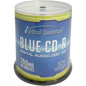 Optical Quantum Premium Quality Music Digital Audio Logo Top 700MB 52x Blue AZO CD-R with Noise Free Playback for Optimal Audio Music Recording, 100 Discs