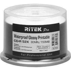 50 Pack Ritek Pro (Professional Grade) CD-R 52X 700MB Watershield Water Resistant Glossy White Inkjet Hub Printable Blank Recordable Disc,Light green,R80JS52-RTPWGN50CB