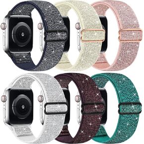 Bling Nylon Stretchy Bands Compatible With Apple Watch Bands 38mm 40mm 41mm 42mm 44mm 45mm 49mm For Women Girls, Adjustable Braided Solo Loop Sport Bands For iWatch Series 9 8 7 6 SE 5 4 3 2 1, 6 Packs