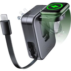 AFLYDOG for Apple Watch Charger Block, 2 in 1 Wall Charger with Built-in Retrectable Charging Cable, Travel Foldable Plug Power Adapter Compatible with iPhone iWatch