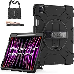 Case for iPad Pro 12.9 2022 6th Generation/2021 5th Gen: Military Grade Silicone Protective Cover for iPad 12.9 2020 Inch 4th Gen W/Pencil Holder - Stand - Handle - Shoulder Strap Black