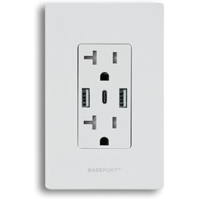منفذ حائط ممتاز من BASEPORT مع منافذ USB - مخرج 125 فولت 20 أمبير، مقابس منافذ USB 5 فولت/6 أمبير، USB-A مزدوج، 1 USB-C، لوحة واجهة بيضاء أحادية العصا in Kuwait