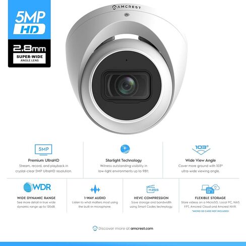 Amcrest 5MP Turret POE Camera, UltraHD Outdoor IP Camera POE with Mic/Audio, 5-Megapixel Security Surveillance Cameras, 98ft NightVision, 132° FOV, MicroSD (256GB), (IP5M-T1179EW-AI-V3) in Kuwait