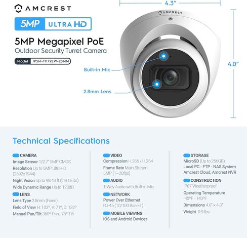 Amcrest 5MP Turret POE Camera, UltraHD Outdoor IP Camera POE with Mic/Audio, 5-Megapixel Security Surveillance Cameras, 98ft NightVision, 132° FOV, MicroSD (256GB), (IP5M-T1179EW-AI-V3) in Kuwait