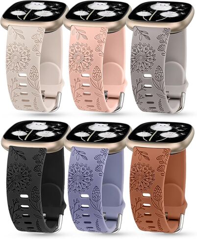 Minyee 3 Packs Floral Engraved Band Compatible with Fitbit Versa 4/Versa 3/Sense 2/Sense Band Women, Cute Soft Silicone Dandelion Flower Pattern Sport Designer Fancy Summer Strap for Versa 4 in Saudi Arabia