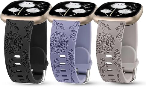 Minyee 3 Packs Floral Engraved Band Compatible with Fitbit Versa 4/Versa 3/Sense 2/Sense Band Women, Cute Soft Silicone Dandelion Flower Pattern Sport Designer Fancy Summer Strap for Versa 4 in Kuwait