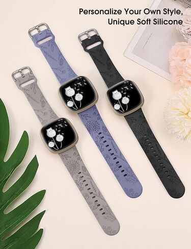 Minyee 3 Packs Floral Engraved Band Compatible with Fitbit Versa 4/Versa 3/Sense 2/Sense Band Women, Cute Soft Silicone Dandelion Flower Pattern Sport Designer Fancy Summer Strap for Versa 4 in Kuwait