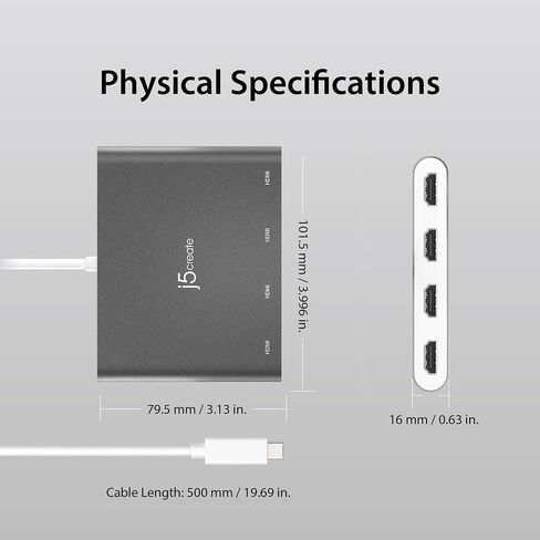 j5create USB-C to 4 Port HDMI Adapter Hub- Multi Monitor Splitter - Support 4 1080p 60Hz Displays - Compatible with Type-C MacBook and Windows Laptop (JCA366) in Saudi Arabia