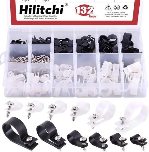 Hilitchi 135 قطعة 6 أحجام كابل بلاستيكي أبيض مشبك R نوع برغي تركيب سلك تثبيت مشابك كابلات مجموعة متنوعة مع مسامير لقناة كابل إدارة الأسلاك (مقاطع من 6 مم إلى 23 مم) in Kuwait