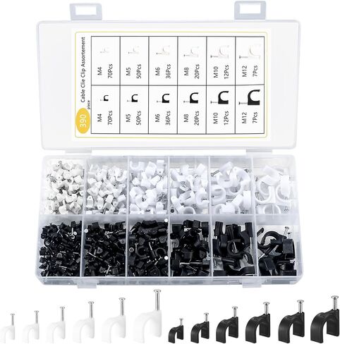 مسامير مشابك الكابلات، 390 قطعة من أسلاك كابل إيثرنت، مشابك مسامير، إدارة مشابك الكابلات المستديرة البيضاء بأظافر فولاذية، لسلك كابل تلفزيون إيثرنت RG6 - 4 مم/5 مم/6 مم/8 مم/10 مم/12 مم in Kuwait