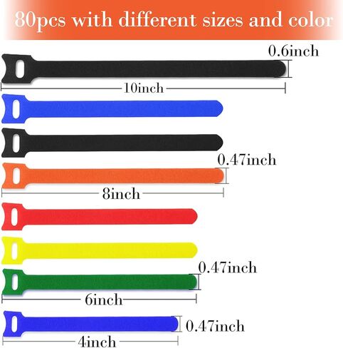اربطة كيبلات قابلة لاعادة الاستخدام بشريط فيلكرو 4 6 8 10 انش، 80 قطعة 6 الوان، اشرطة اسلاك قابلة للتعديل لادارة الكيبلات للمكتب والمنزل والمكتب وورشة العمل والحديقة، متعددة الالوان in Kuwait