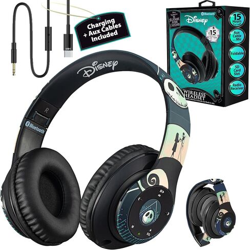 Disney Nightmare Before Christmas Glow in The Dark Bluetooth Headphones Over Ear, Wireless and Wired Foldable Headset Built-in Microphone - Tim Burton Jack Skellington & Sally - Adults Kids in Kuwait