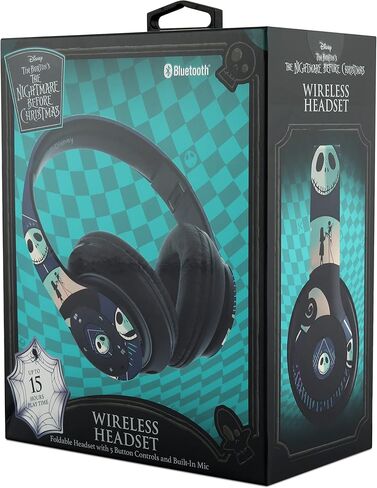 Disney Nightmare Before Christmas Glow in The Dark Bluetooth Headphones Over Ear, Wireless and Wired Foldable Headset Built-in Microphone - Tim Burton Jack Skellington & Sally - Adults Kids in Kuwait