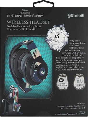 Disney Nightmare Before Christmas Glow in The Dark Bluetooth Headphones Over Ear, Wireless and Wired Foldable Headset Built-in Microphone - Tim Burton Jack Skellington & Sally - Adults Kids in Kuwait