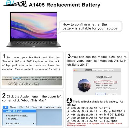 A1466 Battery For MacBook Air Battery Replacement 13 inch (A1466 2012 - 2015 and 2017) (A1369 2010-2011) - A1377 A1405 A1496 Universal Battery for 13-Inch Macbook Air [7.6V/55W/7200mAh with Warranty] in Saudi Arabia