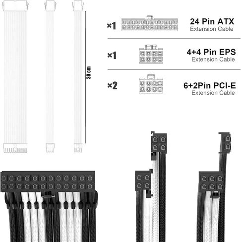 PSU Cable Extension Kit with Two Sets of Cable Combs 1x24Pin/1x8Pin(4+4) EPS/2x8Pin(6P+2P) PCI-E/ 30CM Length,PC Sleeved Cable for ATX Power Supply(Black) in Kuwait