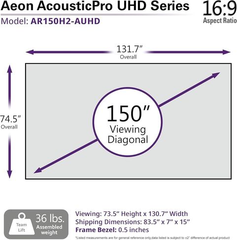 شاشات Elite من سلسلة Aeon AUHD، مقاس 150 بوصة بنسبة 16:9، وإطار ثابت للمسرح المنزلي بدقة 4K، وشاشة عرض خالية من الحواف بدون حدود، وشاشة عرض منسوجة شفافة ومثقبة، AR150H2-AUHD in Kuwait