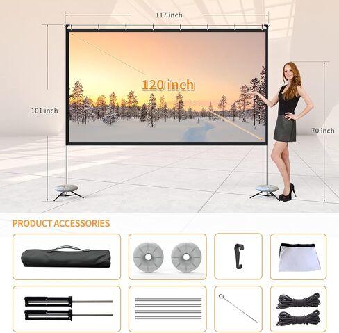 Portable Projector Screen with Stand, WEWATCH 100 Inch Projection Screen 16:9, 4K HD Rear Front Projections Movies Screen with Carry Bag for Indoor Outdoor Home Theater Backyard Cinema Travel in Kuwait