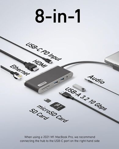 Anker USB C Hub، 655 USB-C Hub (8 في 1)، مع منفذي بيانات USB-A بسرعة 10 جيجابت في الثانية، توصيل طاقة 100 واط، 4K HDMI، 1 جيجابت في الثانية إيثرنت، فتحات بطاقة microSD وSD، AUX 3.5 مم، لـ ماك بوك والمزيد (أبيض ترابي) in Kuwait
