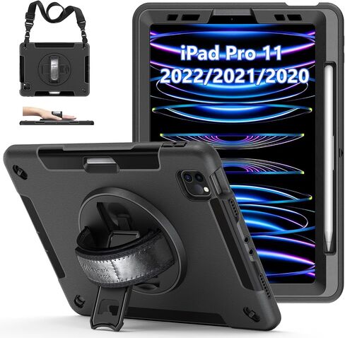 Case for iPad Pro 11 Inch 2022/2021/ 2020/2018: Military-Grade Silicone Cover for iPad 11 Inch 4th/ 3rd/ 2nd/ 1st/ Generation with Stand- Handle- Shoulder Strap- Pencil Holder- Black in Kuwait