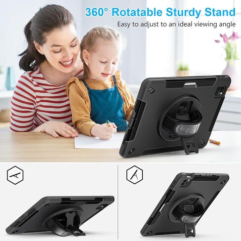 Case for iPad Pro 11 Inch 2022/2021/ 2020/2018: Military-Grade Silicone Cover for iPad 11 Inch 4th/ 3rd/ 2nd/ 1st/ Generation with Stand- Handle- Shoulder Strap- Pencil Holder- Black in Kuwait
