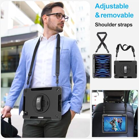 Case for iPad Pro 11 Inch 2022/2021/ 2020/2018: Military-Grade Silicone Cover for iPad 11 Inch 4th/ 3rd/ 2nd/ 1st/ Generation with Stand- Handle- Shoulder Strap- Pencil Holder- Black in Kuwait