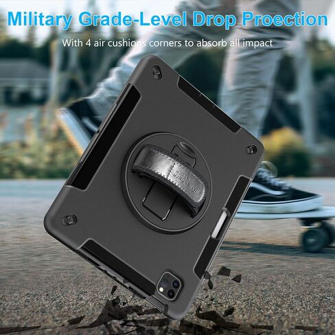 Case for iPad Pro 11 Inch 2022/2021/ 2020/2018: Military-Grade Silicone Cover for iPad 11 Inch 4th/ 3rd/ 2nd/ 1st/ Generation with Stand- Handle- Shoulder Strap- Pencil Holder- Black in Kuwait