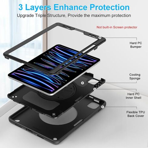 Case for iPad Pro 11 Inch 2022/2021/ 2020/2018: Military-Grade Silicone Cover for iPad 11 Inch 4th/ 3rd/ 2nd/ 1st/ Generation with Stand- Handle- Shoulder Strap- Pencil Holder- Black in Kuwait