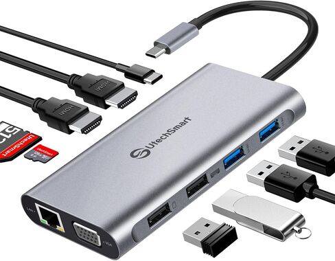 محطة إرساء، محطة إرساء كمبيوتر محمول ثلاثية الشاشات من UtechSmart، محول USB C مع 2 HDMI، VGA، PD3.0، قارئ بطاقات SD TF، 4 منافذ USB USB-C متوافقة مع أجهزة MacBook & Windows in Kuwait