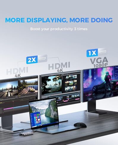 محطة إرساء، محطة إرساء كمبيوتر محمول ثلاثية الشاشات من UtechSmart، محول USB C مع 2 HDMI، VGA، PD3.0، قارئ بطاقات SD TF، 4 منافذ USB USB-C متوافقة مع أجهزة MacBook & Windows in Kuwait