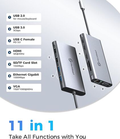 محطة إرساء، محطة إرساء كمبيوتر محمول ثلاثية الشاشات من UtechSmart، محول USB C مع 2 HDMI، VGA، PD3.0، قارئ بطاقات SD TF، 4 منافذ USB USB-C متوافقة مع أجهزة MacBook & Windows in Kuwait