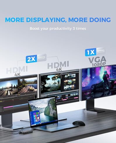 محطة إرساء، محطة إرساء كمبيوتر محمول ثلاثية الشاشات من UtechSmart، محول USB C مع 2 HDMI، VGA، PD3.0، قارئ بطاقات SD TF، 4 منافذ USB USB-C متوافقة مع أجهزة MacBook & Windows in Kuwait