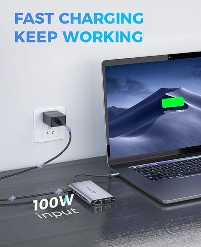 محطة إرساء، محطة إرساء كمبيوتر محمول ثلاثية الشاشات من UtechSmart، محول USB C مع 2 HDMI، VGA، PD3.0، قارئ بطاقات SD TF، 4 منافذ USB USB-C متوافقة مع أجهزة MacBook & Windows in Kuwait