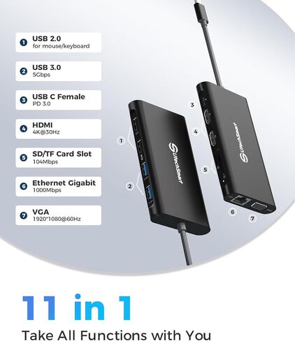 محطة إرساء، محطة إرساء كمبيوتر محمول ثلاثية الشاشات من UtechSmart، محول USB C مع 2 HDMI، VGA، PD3.0، قارئ بطاقات SD TF، 4 منافذ USB USB-C متوافقة مع أجهزة MacBook & Windows in Kuwait
