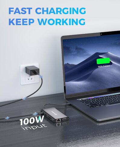 محطة إرساء، محطة إرساء كمبيوتر محمول ثلاثية الشاشات من UtechSmart، محول USB C مع 2 HDMI، VGA، PD3.0، قارئ بطاقات SD TF، 4 منافذ USB USB-C متوافقة مع أجهزة MacBook & Windows in Kuwait