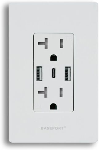 BASEPORT Premium Wall Outlet with USB Ports - 125V 20 Amp Outlet, 5V/6A USB Outlets Receptacles, Dual USB-A, 1 USB-C, Single Gang White Faceplate in Saudi Arabia