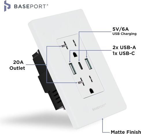 BASEPORT Premium Wall Outlet with USB Ports - 125V 20 Amp Outlet, 5V/6A USB Outlets Receptacles, Dual USB-A, 1 USB-C, Single Gang White Faceplate in Saudi Arabia