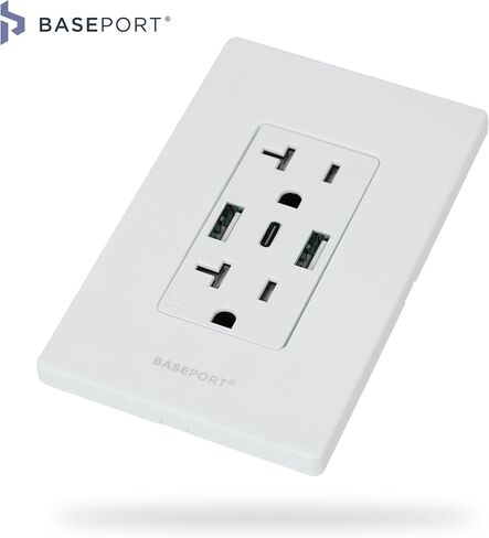 BASEPORT Premium Wall Outlet with USB Ports - 125V 20 Amp Outlet, 5V/6A USB Outlets Receptacles, Dual USB-A, 1 USB-C, Single Gang White Faceplate in Saudi Arabia