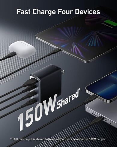 150W USB C Charger, Anker 747 Charger ( GaNPrime), 4-Port Fast Compact Foldable Gan Charger for MacBook Pro/Air, iPhone 14/Pro, iPad Pro, Dell XPS 13, Galaxy S22/S21, Note 20/10+, Pixel and More in Kuwait