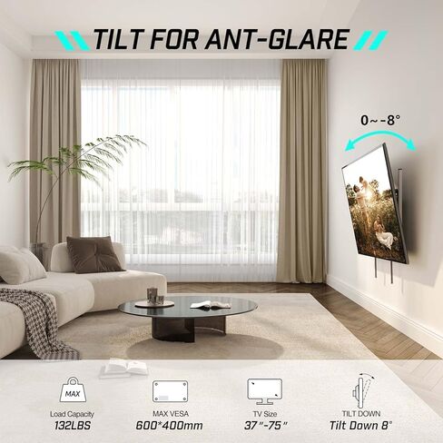 Greenstell TV Wall Mount with LED Lights, Tilt TV Mount for 37"-75" Flat/Curved TVs, Low Profile Wall Mount TV Bracket Fit 16"-24" Stud, Max VESA 600x400mm, Holds up to 132lbs in Kuwait