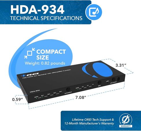 OREI eARC 4K 60Hz Dolby Atmos Audio Extractor Switch with 3 Inputs - Connect ARC/eARC Soundbar. HDMI 2.0 and HDCP 2.2 Compliant - CEC Pass Through - HDR, Dolby Vision and HDR10 Support (HDA-934) in Saudi Arabia