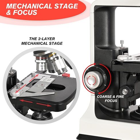 HSL 40X-2500X مجهر مركب ثنائي العينين احترافي، كاميرا 3 ميجابكسل مجاهر إلكترونية للبالغين، مجهر مختبر بيولوجي 1000x 400X مكثف رقمي للمرحلة الميكانيكية in Kuwait