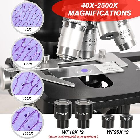 HSL 40X-2500X مجهر مركب ثنائي العينين احترافي، كاميرا 3 ميجابكسل مجاهر إلكترونية للبالغين، مجهر مختبر بيولوجي 1000x 400X مكثف رقمي للمرحلة الميكانيكية in Kuwait