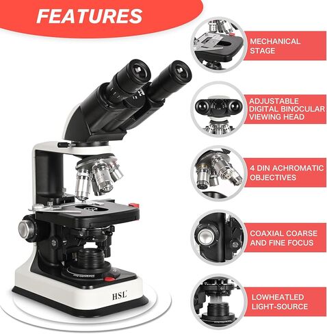 HSL 40X-2500X مجهر مركب ثنائي العينين احترافي، كاميرا 3 ميجابكسل مجاهر إلكترونية للبالغين، مجهر مختبر بيولوجي 1000x 400X مكثف رقمي للمرحلة الميكانيكية in Kuwait