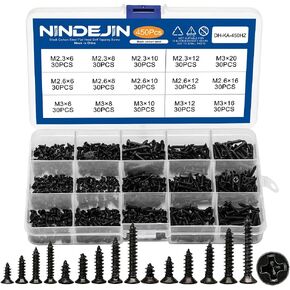 NINDEJIN 450 قطعة براغي مصغرة، برغي صغير برأس مسطح من فيليبس M2.3 M2.6 M3 مجموعة متنوعة من براغي إصلاح الغاطسة، برغي إلكتروني أسود ذاتي التنصت للكمبيوتر والكمبيوتر الشخصي وساعات اللوحة الأم