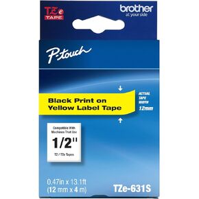 Brother Genuine P-Touch TZE-631 Tape, 1/2" (0.47") Standard Laminated P-Touch Tape, Black on Yellow, Laminated for Indoor or Outdoor Use, Water Resistant, 26.2 Feet (8M), Single-Pack in Saudi Arabia